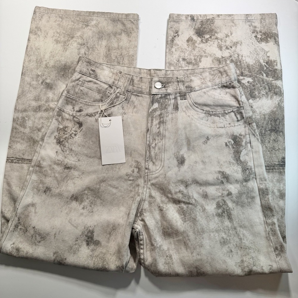 Zara Women's NWT Marbles Jeans 30 Cream Gray High Ride Wide Leg